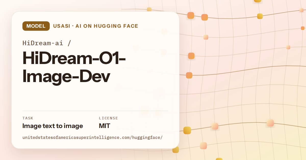 Generated amber wave-lattice artwork for the model HiDream-ai/HiDream-O1-Image-Dev, labeled USASI · AI on Hugging Face, with Task: Image text to image · License: MIT.