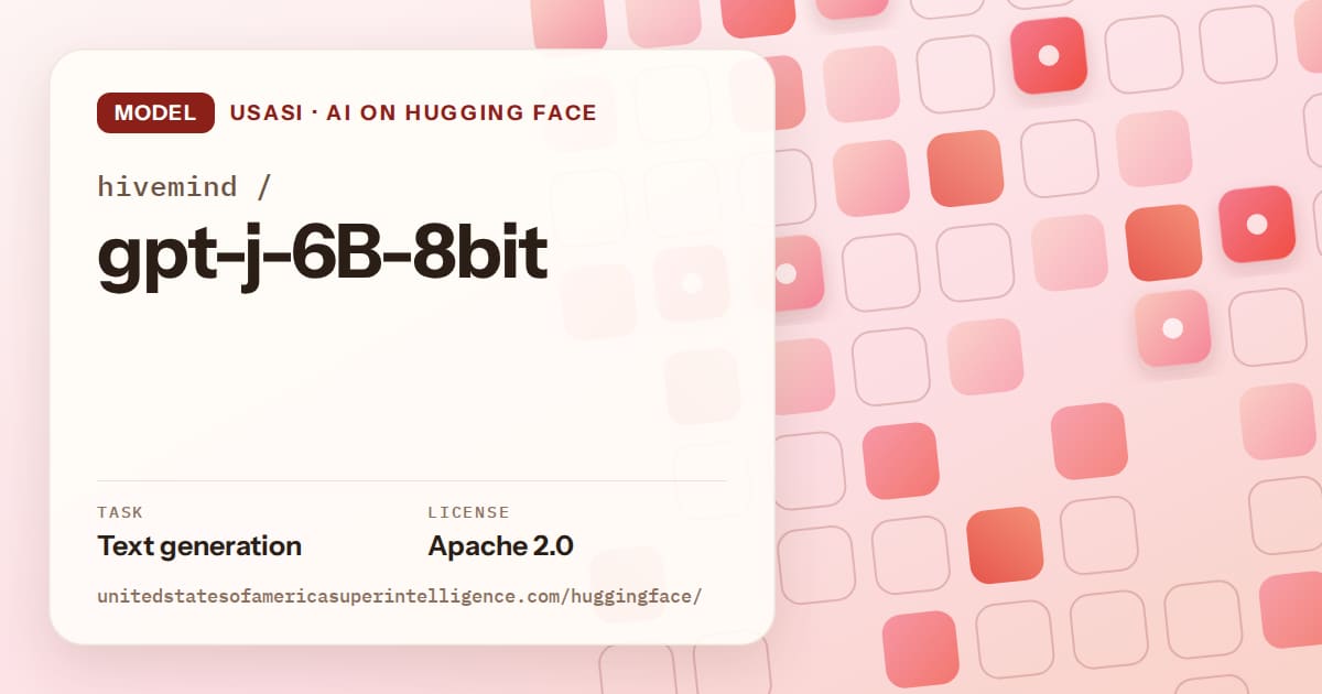 Generated coral rounded-tile grid artwork for the model hivemind/gpt-j-6B-8bit, labeled USASI · AI on Hugging Face, with Task: Text generation · License: Apache 2.0.