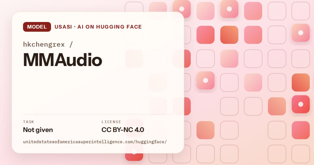Generated coral rounded-tile grid artwork for the model hkchengrex/MMAudio, labeled USASI · AI on Hugging Face, with Task: Not given · License: CC BY-NC 4.0.