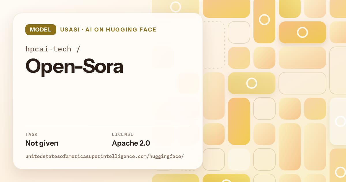 Generated gold tile-mosaic artwork for the model hpcai-tech/Open-Sora, labeled USASI · AI on Hugging Face, with Task: Not given · License: Apache 2.0.