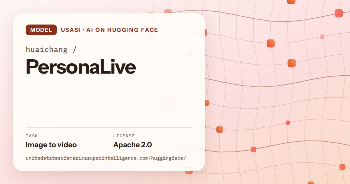 Generated tangerine wave-lattice artwork for the model huaichang/PersonaLive, labeled USASI · AI on Hugging Face, with Task: Image to video · License: Apache 2.0.
