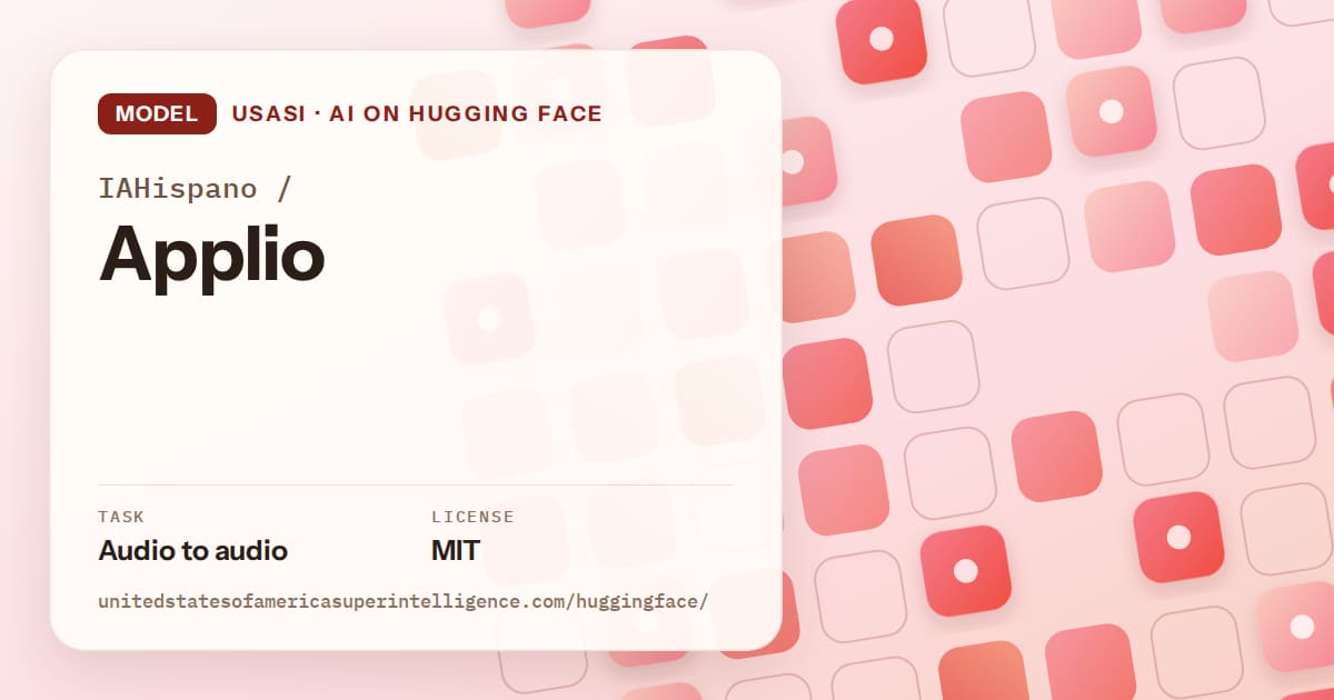Generated coral rounded-tile grid artwork for the model IAHispano/Applio, labeled USASI · AI on Hugging Face, with Task: Audio to audio · License: MIT.