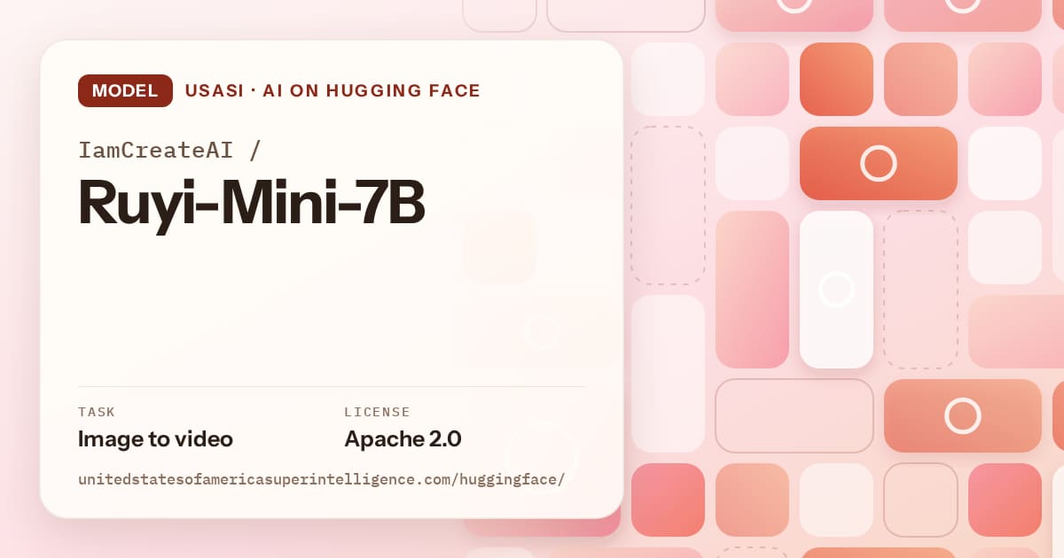 Generated coral tile-mosaic artwork for the model IamCreateAI/Ruyi-Mini-7B, labeled USASI · AI on Hugging Face, with Task: Image to video · License: Apache 2.0.