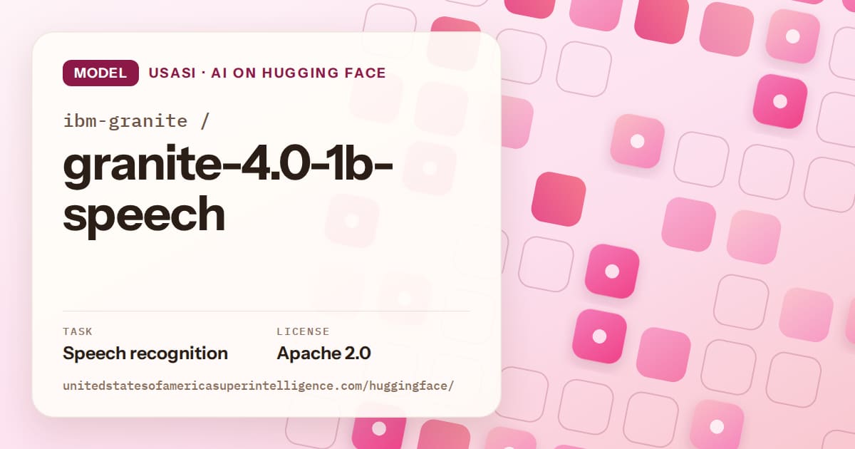 Generated rose rounded-tile grid artwork for the model ibm-granite/granite-4.0-1b-speech, labeled USASI · AI on Hugging Face, with Task: Speech recognition · License: Apache 2.0.