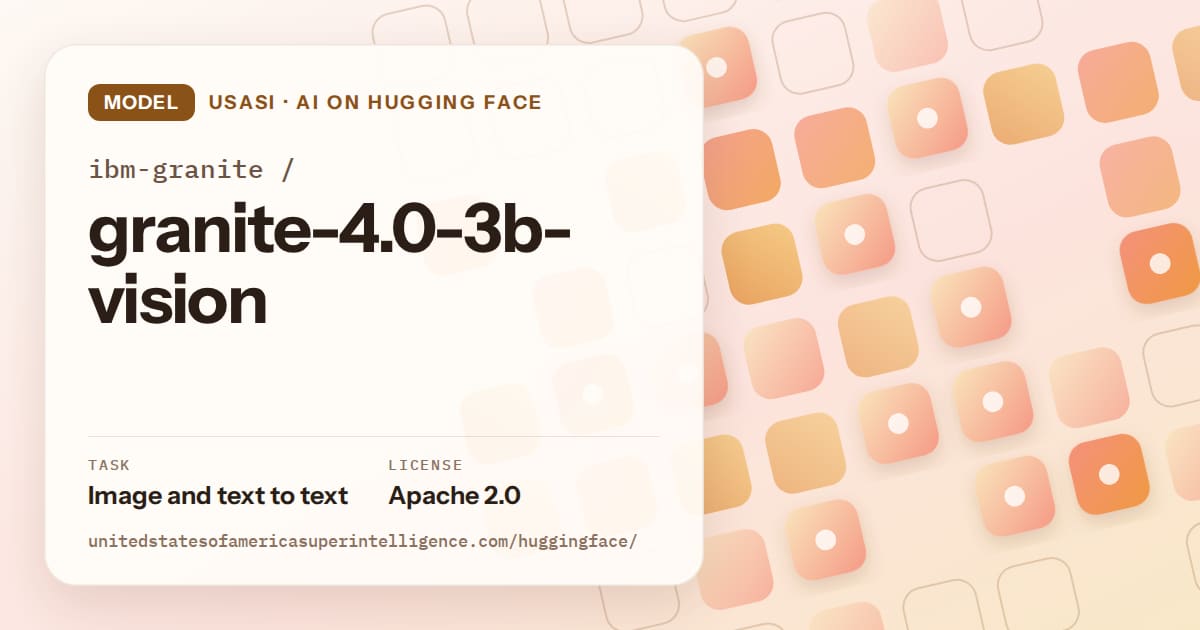 Generated orange rounded-tile grid artwork for the model ibm-granite/granite-4.0-3b-vision, labeled USASI · AI on Hugging Face, with Task: Image and text to text · License: Apache 2.0.