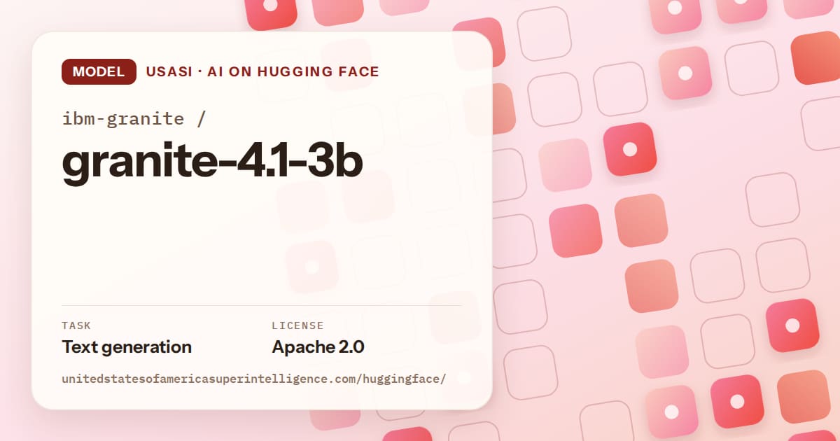 Generated coral rounded-tile grid artwork for the model ibm-granite/granite-4.1-3b, labeled USASI · AI on Hugging Face, with Task: Text generation · License: Apache 2.0.