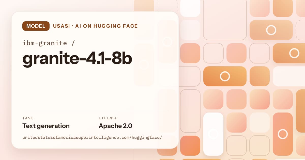 Generated orange tile-mosaic artwork for the model ibm-granite/granite-4.1-8b, labeled USASI · AI on Hugging Face, with Task: Text generation · License: Apache 2.0.