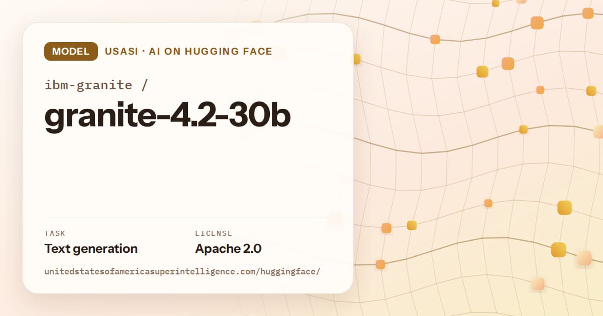 Generated amber wave-lattice artwork for the model ibm-granite/granite-4.2-30b, labeled USASI · AI on Hugging Face, with Task: Text generation · License: Apache 2.0.