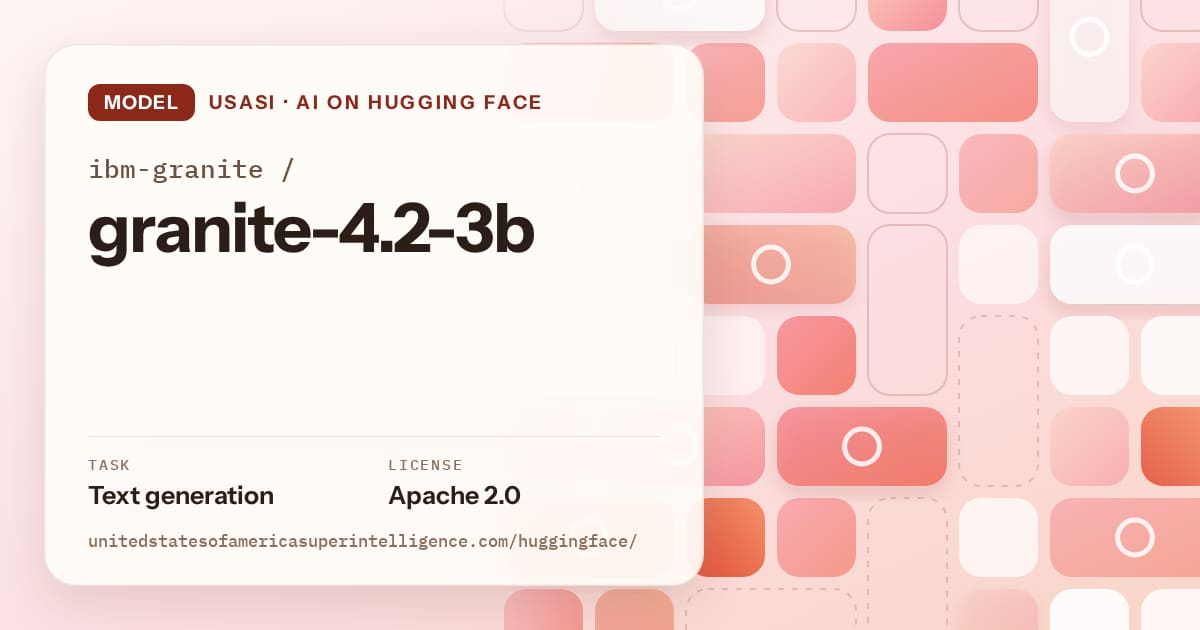 Generated coral tile-mosaic artwork for the model ibm-granite/granite-4.2-3b, labeled USASI · AI on Hugging Face, with Task: Text generation · License: Apache 2.0.