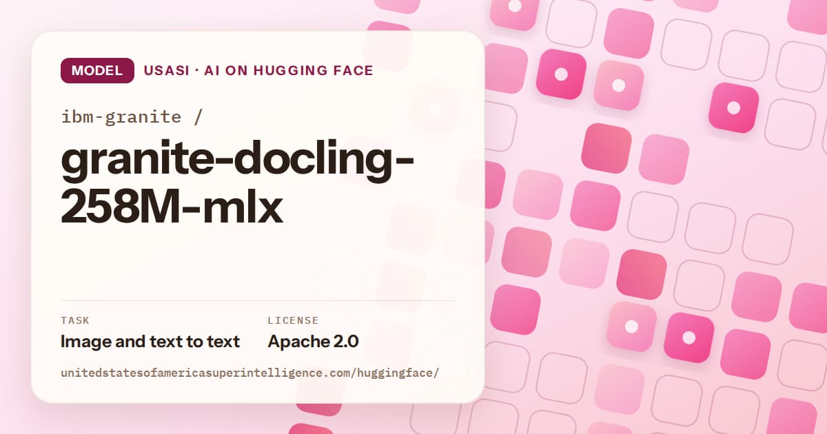 Generated rose rounded-tile grid artwork for the model ibm-granite/granite-docling-258M-mlx, labeled USASI · AI on Hugging Face, with Task: Image and text to text · License: Apache 2.0.