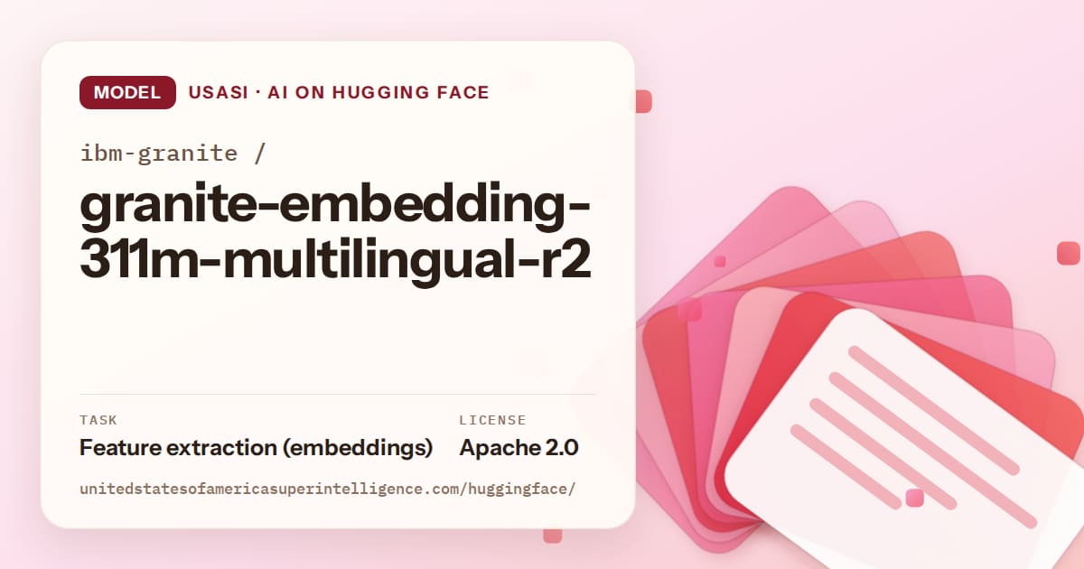 Generated coral layered-card artwork for the model ibm-granite/granite-embedding-311m-multilingual-r2, labeled USASI · AI on Hugging Face, with Task: Feature extraction (embeddings) · License: Apache 2.0.