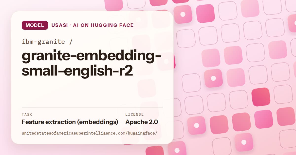 Generated rose rounded-tile grid artwork for the model ibm-granite/granite-embedding-small-english-r2, labeled USASI · AI on Hugging Face, with Task: Feature extraction (embeddings) · License: Apache 2.0.