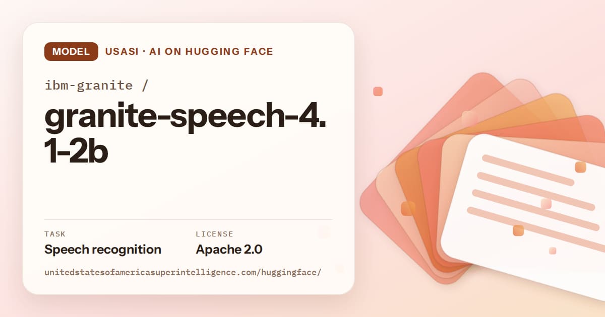 Generated tangerine layered-card artwork for the model ibm-granite/granite-speech-4.1-2b, labeled USASI · AI on Hugging Face, with Task: Speech recognition · License: Apache 2.0.