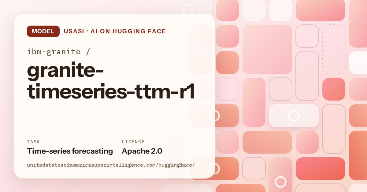 Generated coral tile-mosaic artwork for the model ibm-granite/granite-timeseries-ttm-r1, labeled USASI · AI on Hugging Face, with Task: Time-series forecasting · License: Apache 2.0.