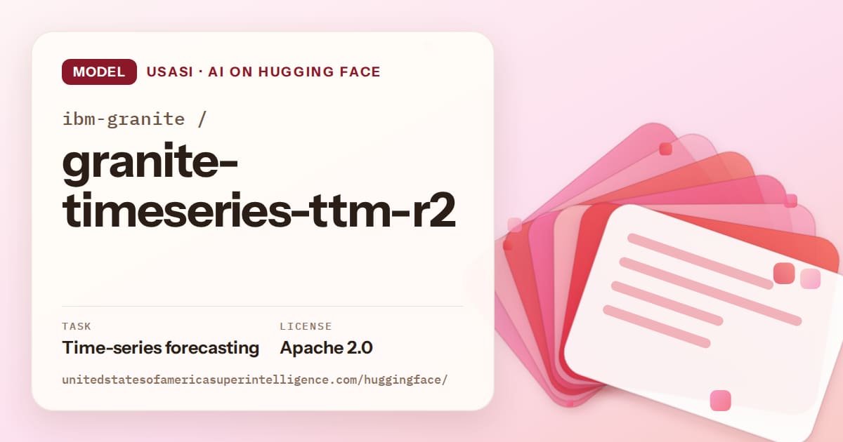 Generated coral layered-card artwork for the model ibm-granite/granite-timeseries-ttm-r2, labeled USASI · AI on Hugging Face, with Task: Time-series forecasting · License: Apache 2.0.