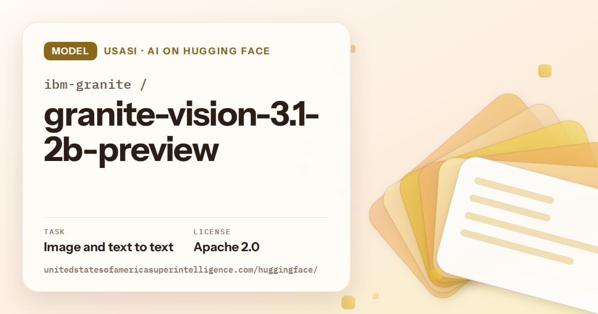 Generated amber layered-card artwork for the model ibm-granite/granite-vision-3.1-2b-preview, labeled USASI · AI on Hugging Face, with Task: Image and text to text · License: Apache 2.0.