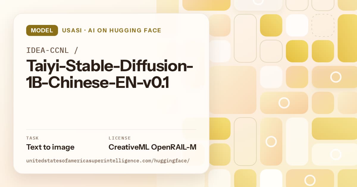 Generated gold tile-mosaic artwork for the model IDEA-CCNL/Taiyi-Stable-Diffusion-1B-Chinese-EN-v0.1, labeled USASI · AI on Hugging Face, with Task: Text to image · License: CreativeML OpenRAIL-M.