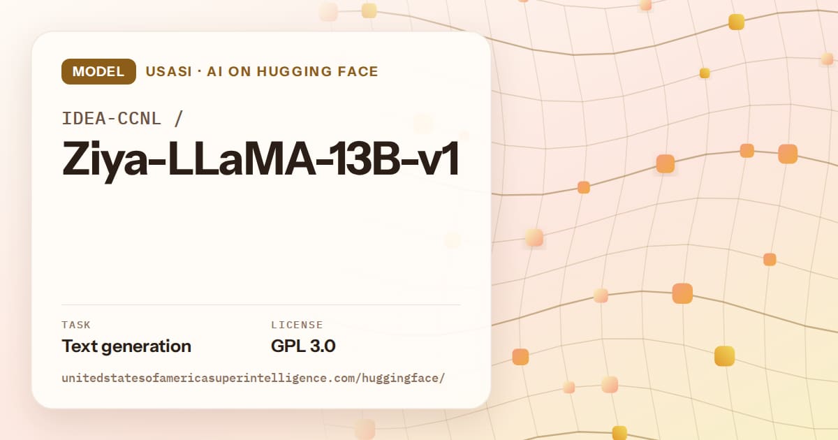 Generated amber wave-lattice artwork for the model IDEA-CCNL/Ziya-LLaMA-13B-v1, labeled USASI · AI on Hugging Face, with Task: Text generation · License: GPL 3.0.