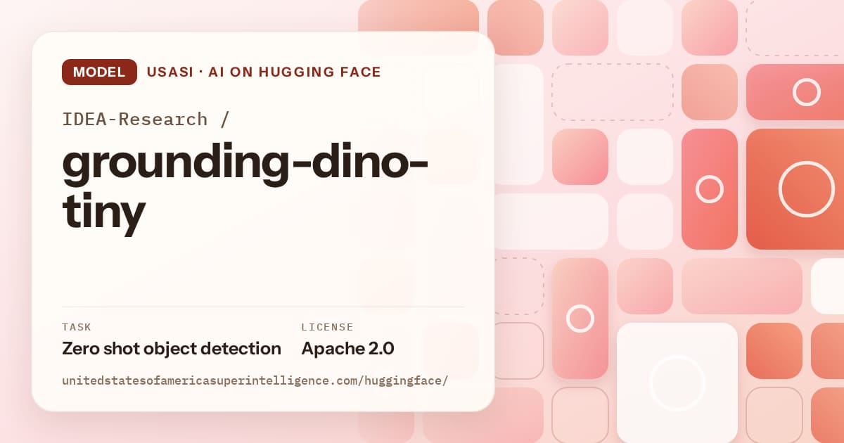 Generated coral tile-mosaic artwork for the model IDEA-Research/grounding-dino-tiny, labeled USASI · AI on Hugging Face, with Task: Zero shot object detection · License: Apache 2.0.