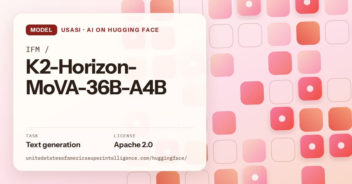 Generated coral rounded-tile grid artwork for the model IFM/K2-Horizon-MoVA-36B-A4B, labeled USASI · AI on Hugging Face, with Task: Text generation · License: Apache 2.0.