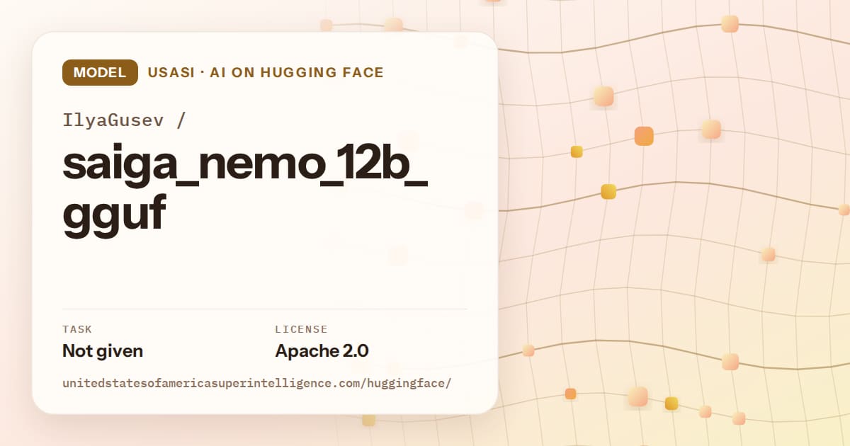 Generated amber wave-lattice artwork for the model IlyaGusev/saiga_nemo_12b_gguf, labeled USASI · AI on Hugging Face, with Task: Not given · License: Apache 2.0.
