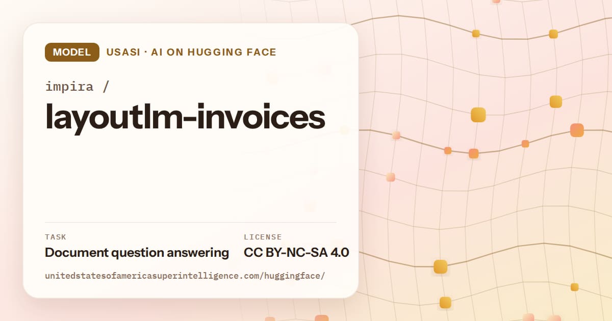 Generated amber wave-lattice artwork for the model impira/layoutlm-invoices, labeled USASI · AI on Hugging Face, with Task: Document question answering · License: CC BY-NC-SA 4.0.