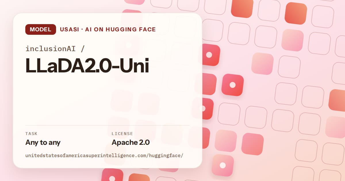 Generated coral rounded-tile grid artwork for the model inclusionAI/LLaDA2.0-Uni, labeled USASI · AI on Hugging Face, with Task: Any to any · License: Apache 2.0.