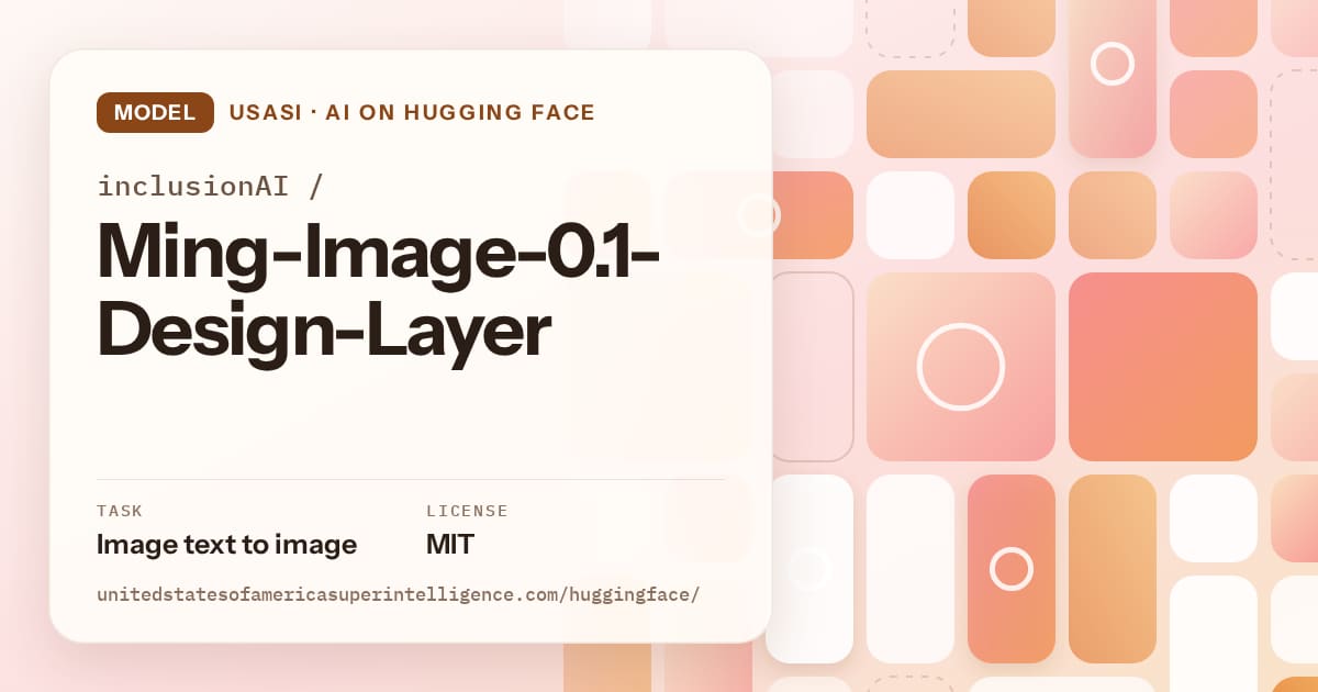 Generated orange tile-mosaic artwork for the model inclusionAI/Ming-Image-0.1-Design-Layer, labeled USASI · AI on Hugging Face, with Task: Image text to image · License: MIT.
