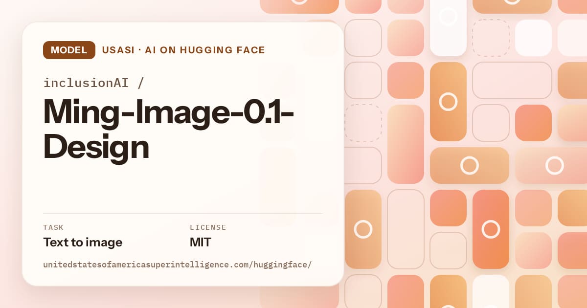 Generated orange tile-mosaic artwork for the model inclusionAI/Ming-Image-0.1-Design, labeled USASI · AI on Hugging Face, with Task: Text to image · License: MIT.