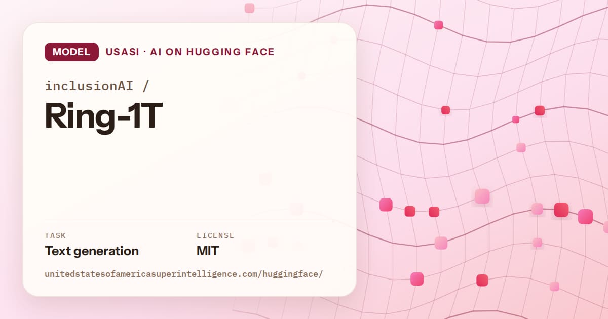 Generated rose wave-lattice artwork for the model inclusionAI/Ring-1T, labeled USASI · AI on Hugging Face, with Task: Text generation · License: MIT.