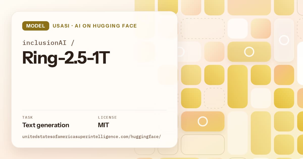 Generated gold tile-mosaic artwork for the model inclusionAI/Ring-2.5-1T, labeled USASI · AI on Hugging Face, with Task: Text generation · License: MIT.