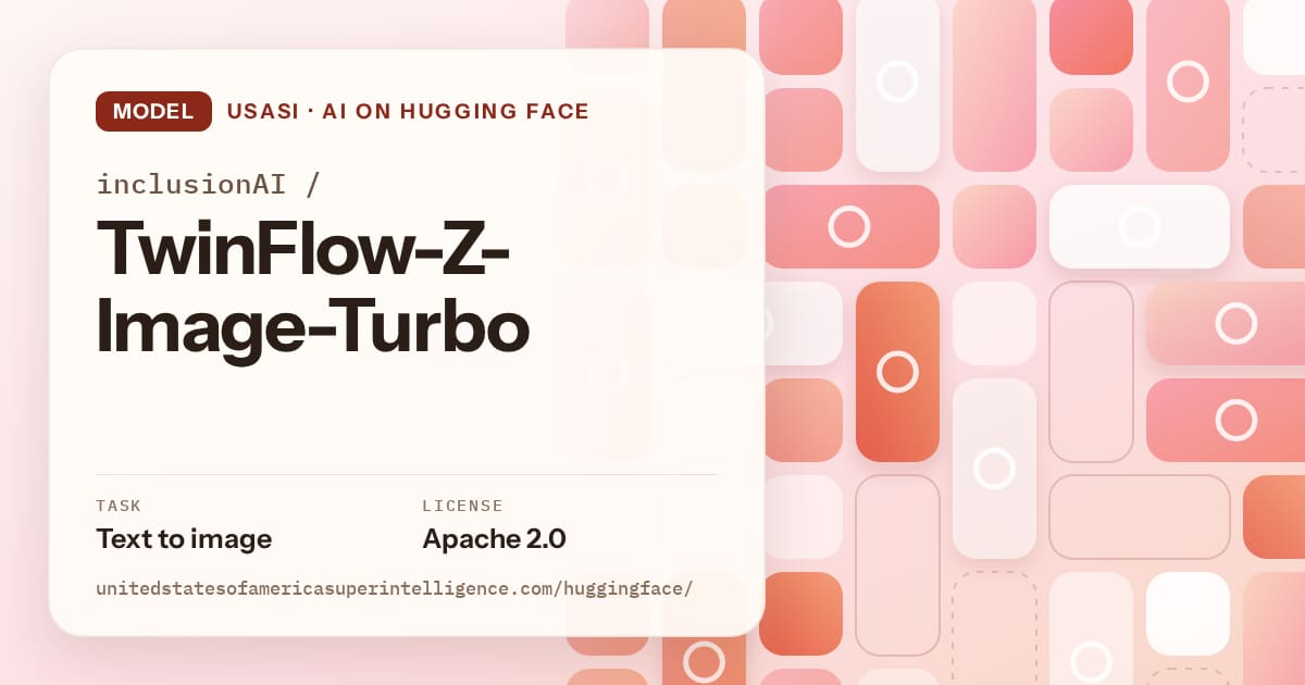 Generated coral tile-mosaic artwork for the model inclusionAI/TwinFlow-Z-Image-Turbo, labeled USASI · AI on Hugging Face, with Task: Text to image · License: Apache 2.0.
