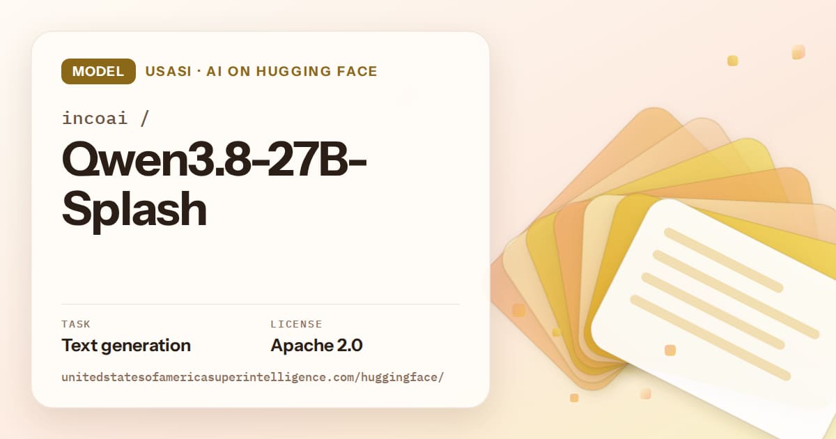 Generated amber layered-card artwork for the model incoai/Qwen3.8-27B-Splash, labeled USASI · AI on Hugging Face, with Task: Text generation · License: Apache 2.0.