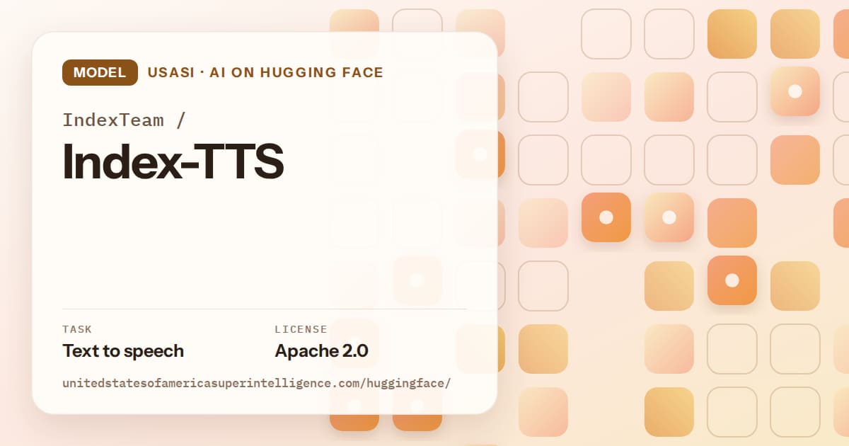 Generated orange rounded-tile grid artwork for the model IndexTeam/Index-TTS, labeled USASI · AI on Hugging Face, with Task: Text to speech · License: Apache 2.0.