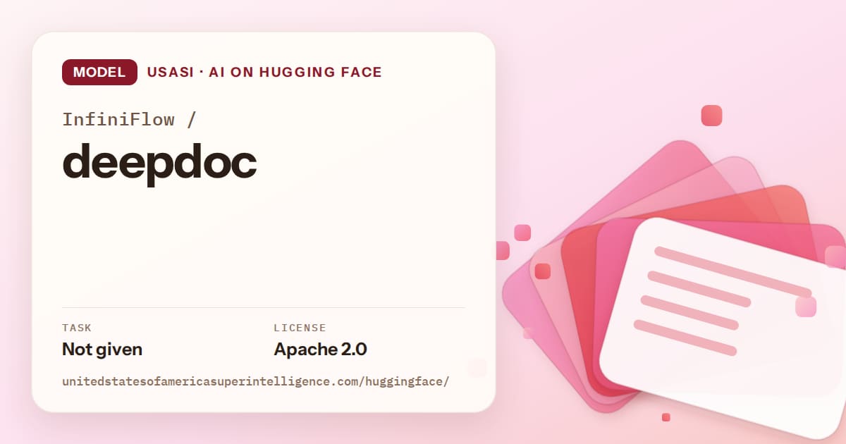 Generated coral layered-card artwork for the model InfiniFlow/deepdoc, labeled USASI · AI on Hugging Face, with Task: Not given · License: Apache 2.0.