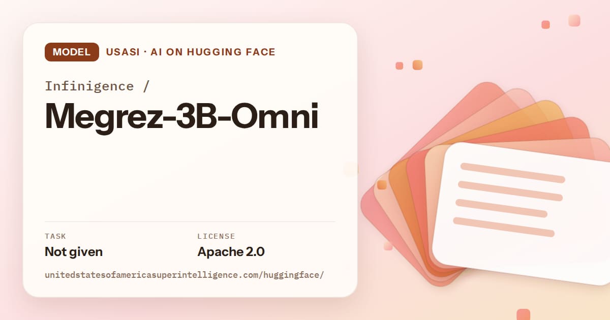 Generated tangerine layered-card artwork for the model Infinigence/Megrez-3B-Omni, labeled USASI · AI on Hugging Face, with Task: Not given · License: Apache 2.0.