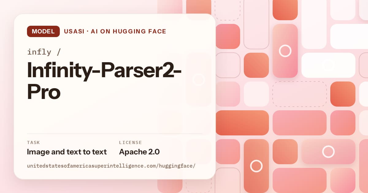 Generated coral tile-mosaic artwork for the model infly/Infinity-Parser2-Pro, labeled USASI · AI on Hugging Face, with Task: Image and text to text · License: Apache 2.0.