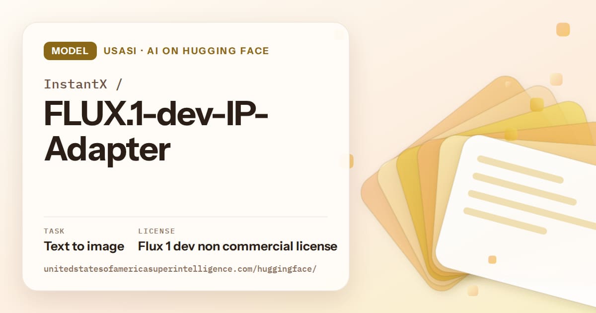 Generated amber layered-card artwork for the model InstantX/FLUX.1-dev-IP-Adapter, labeled USASI · AI on Hugging Face, with Task: Text to image · License: Flux 1 dev non commercial license.