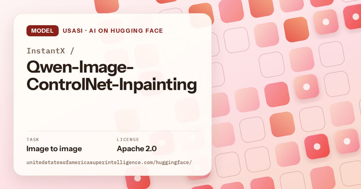 Generated coral rounded-tile grid artwork for the model InstantX/Qwen-Image-ControlNet-Inpainting, labeled USASI · AI on Hugging Face, with Task: Image to image · License: Apache 2.0.