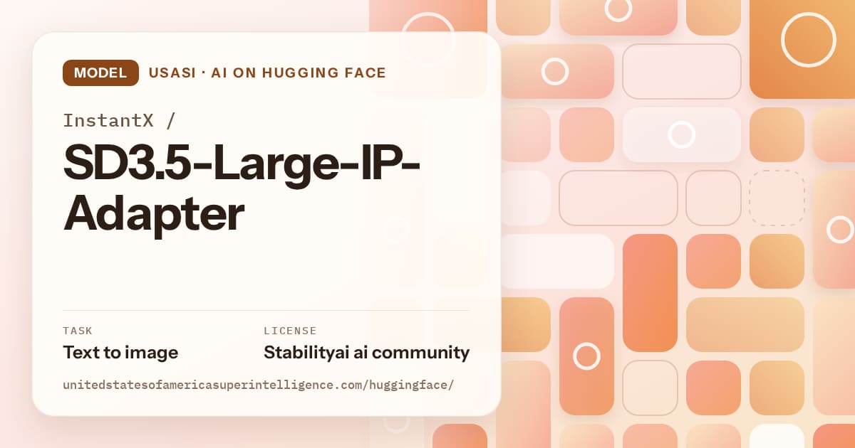 Generated orange tile-mosaic artwork for the model InstantX/SD3.5-Large-IP-Adapter, labeled USASI · AI on Hugging Face, with Task: Text to image · License: Stabilityai ai community.