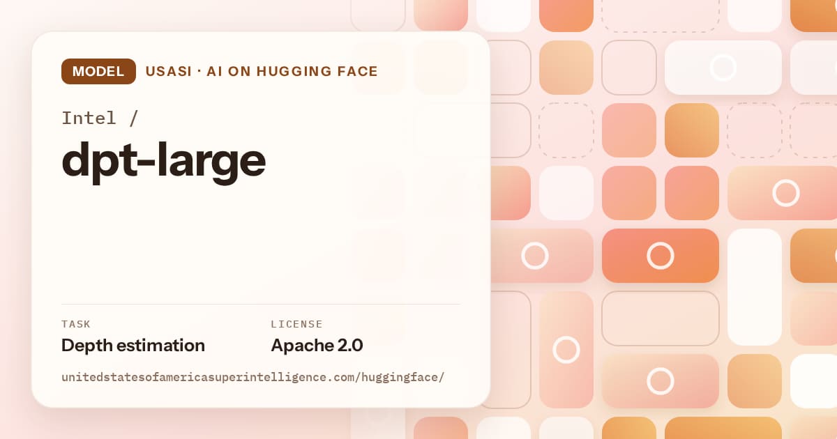 Generated orange tile-mosaic artwork for the model Intel/dpt-large, labeled USASI · AI on Hugging Face, with Task: Depth estimation · License: Apache 2.0.