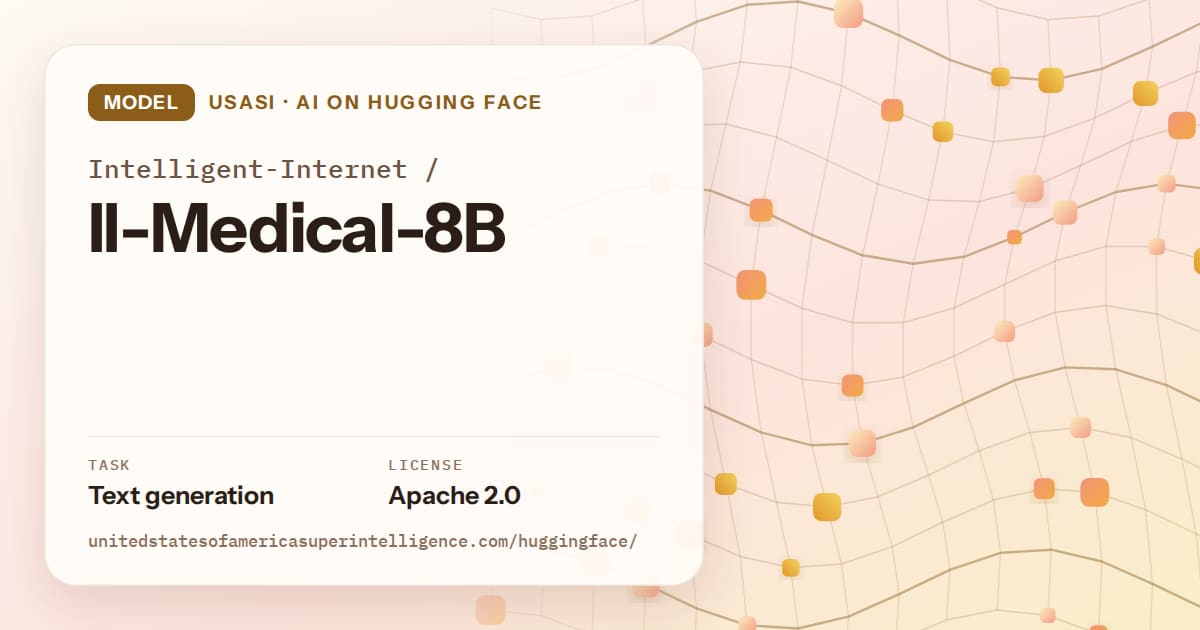 Generated amber wave-lattice artwork for the model Intelligent-Internet/II-Medical-8B, labeled USASI · AI on Hugging Face, with Task: Text generation · License: Apache 2.0.