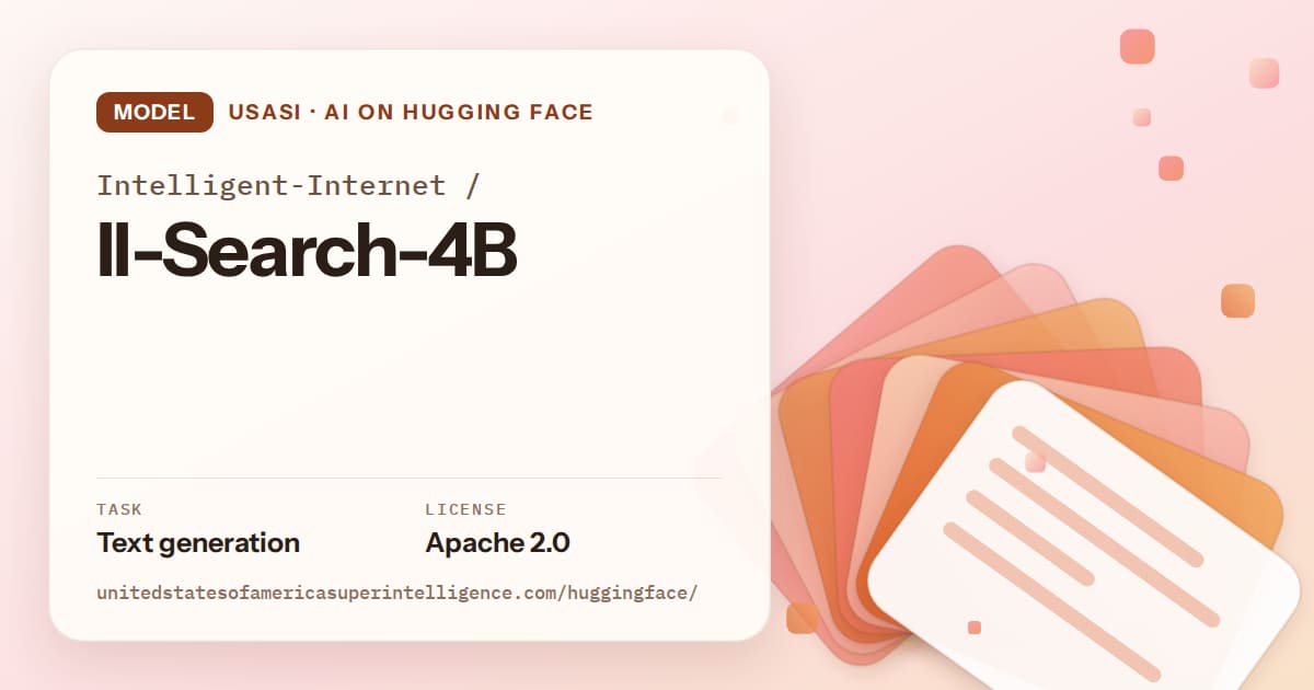 Generated tangerine layered-card artwork for the model Intelligent-Internet/II-Search-4B, labeled USASI · AI on Hugging Face, with Task: Text generation · License: Apache 2.0.