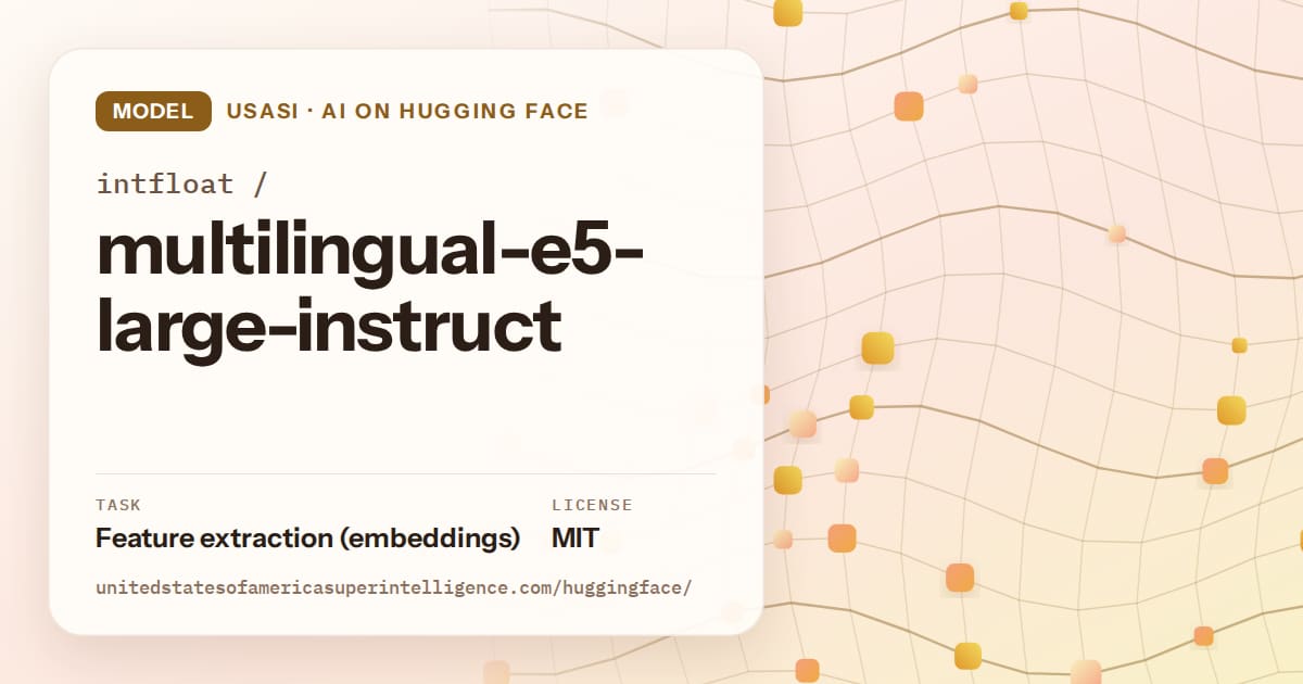 Generated amber wave-lattice artwork for the model intfloat/multilingual-e5-large-instruct, labeled USASI · AI on Hugging Face, with Task: Feature extraction (embeddings) · License: MIT.