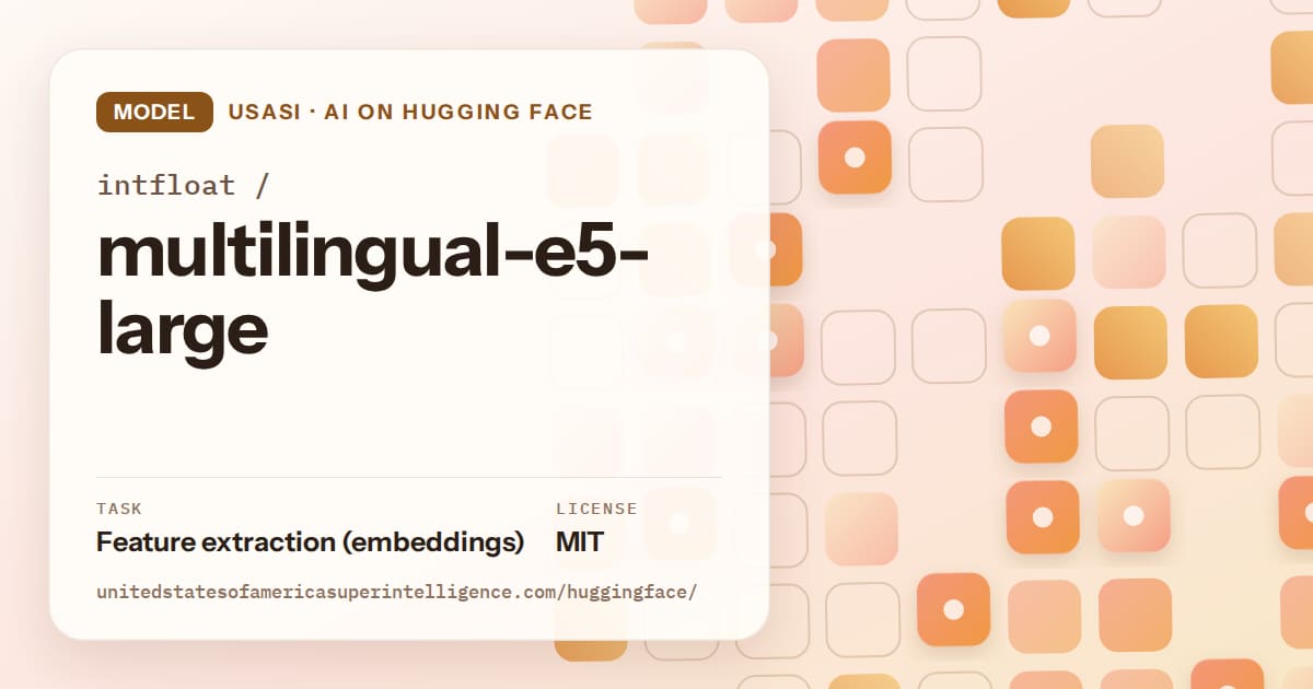 Generated orange rounded-tile grid artwork for the model intfloat/multilingual-e5-large, labeled USASI · AI on Hugging Face, with Task: Feature extraction (embeddings) · License: MIT.