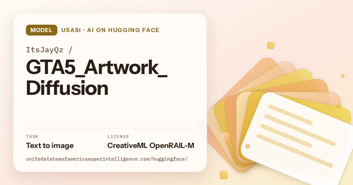 Generated amber layered-card artwork for the model ItsJayQz/GTA5_Artwork_Diffusion, labeled USASI · AI on Hugging Face, with Task: Text to image · License: CreativeML OpenRAIL-M.