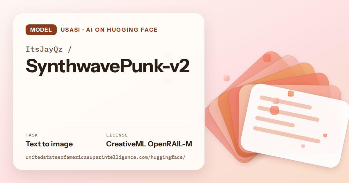 Generated tangerine layered-card artwork for the model ItsJayQz/SynthwavePunk-v2, labeled USASI · AI on Hugging Face, with Task: Text to image · License: CreativeML OpenRAIL-M.