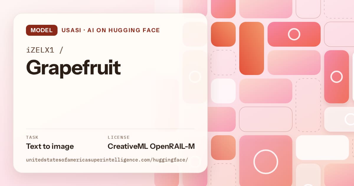 Generated coral tile-mosaic artwork for the model iZELX1/Grapefruit, labeled USASI · AI on Hugging Face, with Task: Text to image · License: CreativeML OpenRAIL-M.