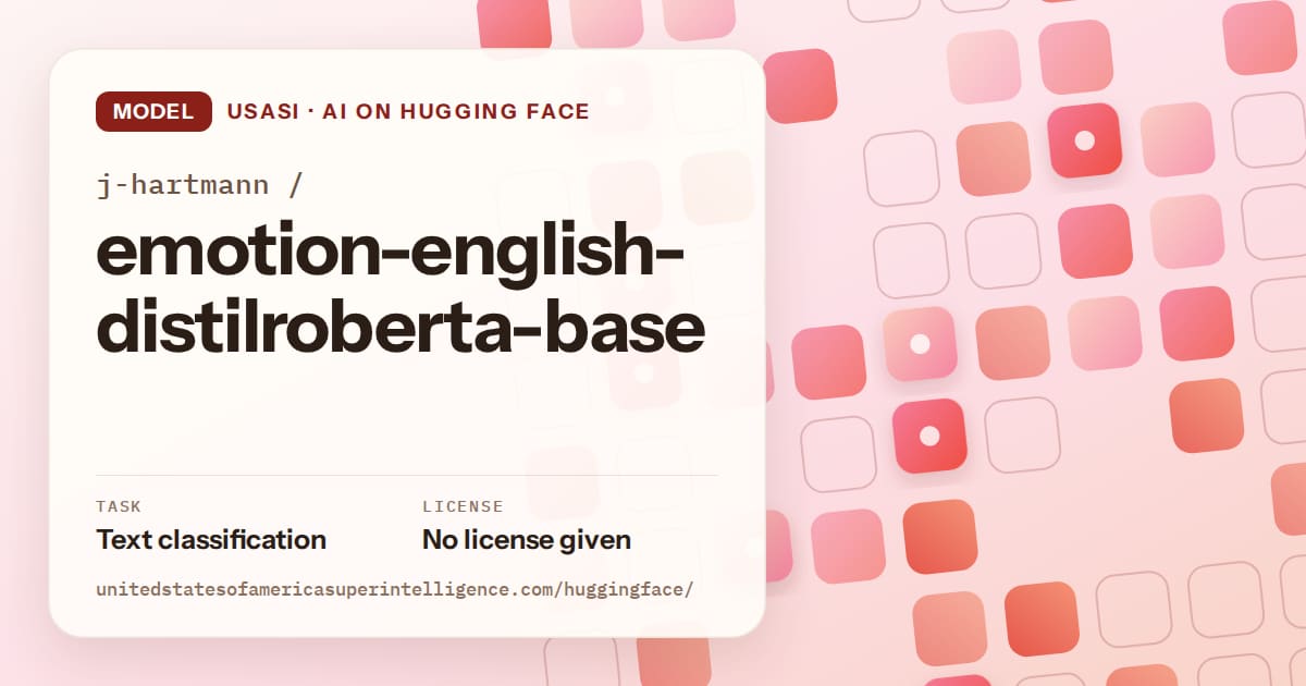 Generated coral rounded-tile grid artwork for the model j-hartmann/emotion-english-distilroberta-base, labeled USASI · AI on Hugging Face, with Task: Text classification · License: No license given.