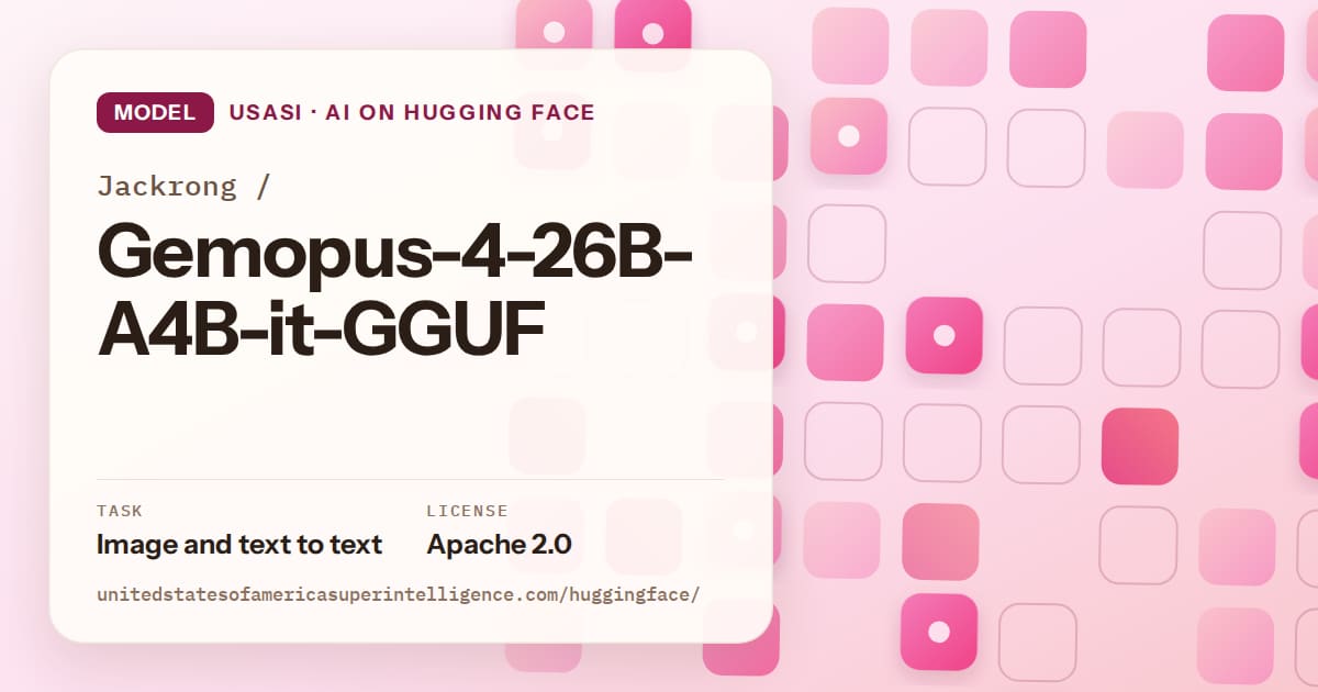 Generated rose rounded-tile grid artwork for the model Jackrong/Gemopus-4-26B-A4B-it-GGUF, labeled USASI · AI on Hugging Face, with Task: Image and text to text · License: Apache 2.0.